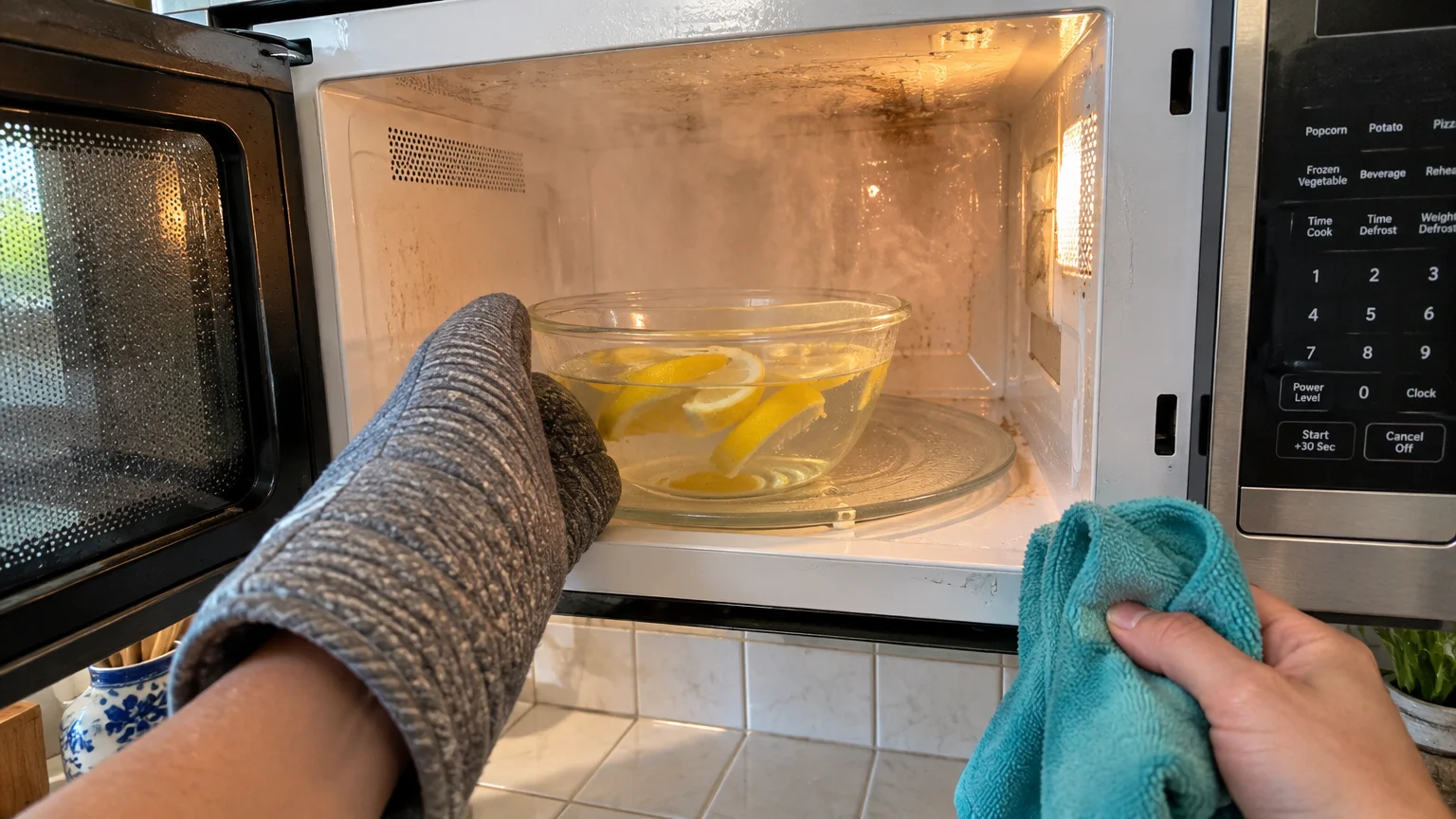 A steaming glass bowl of water and lemon slices inside an open microwave being reached for with an oven mitt.