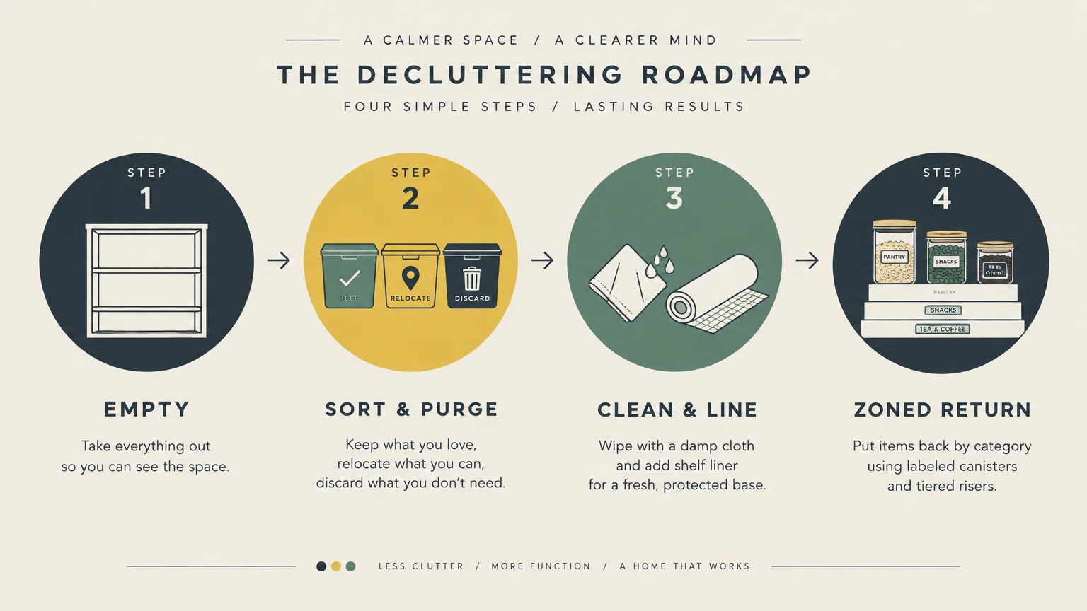 Diagram outlining a four-step decluttering roadmap: Empty, Sort and Purge, Clean and Line, and Zoned Return.
