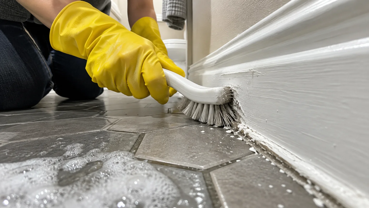 Person in yellow rubber gloves scrubbing painted white baseboard with a stiff bristle brush on hexagonal tile flooring.