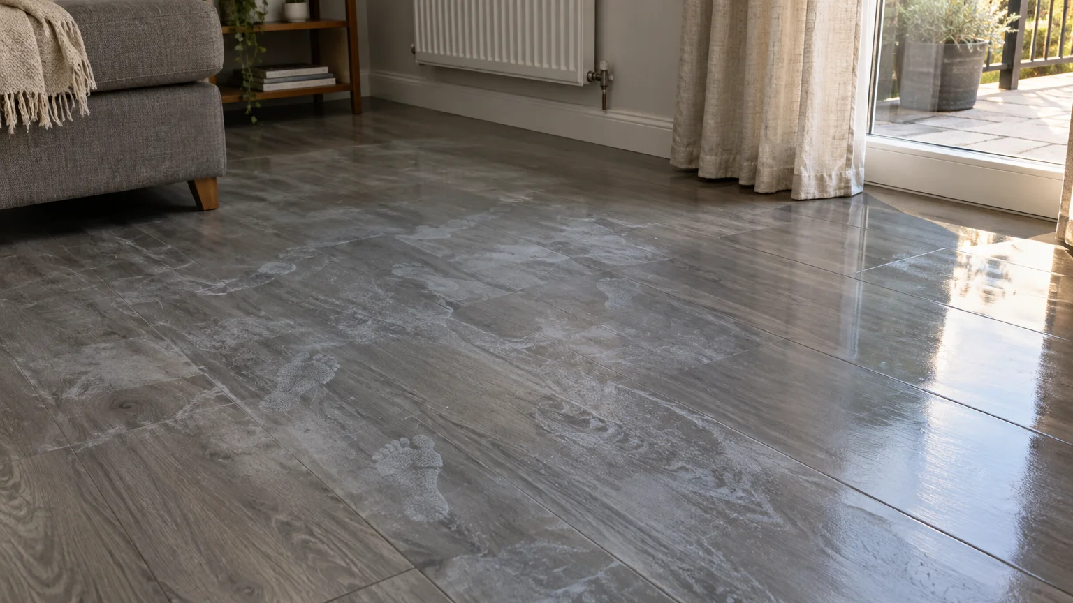 Cloudy film and visible dusty footprints on a grey wood-look plank floor in a living room.