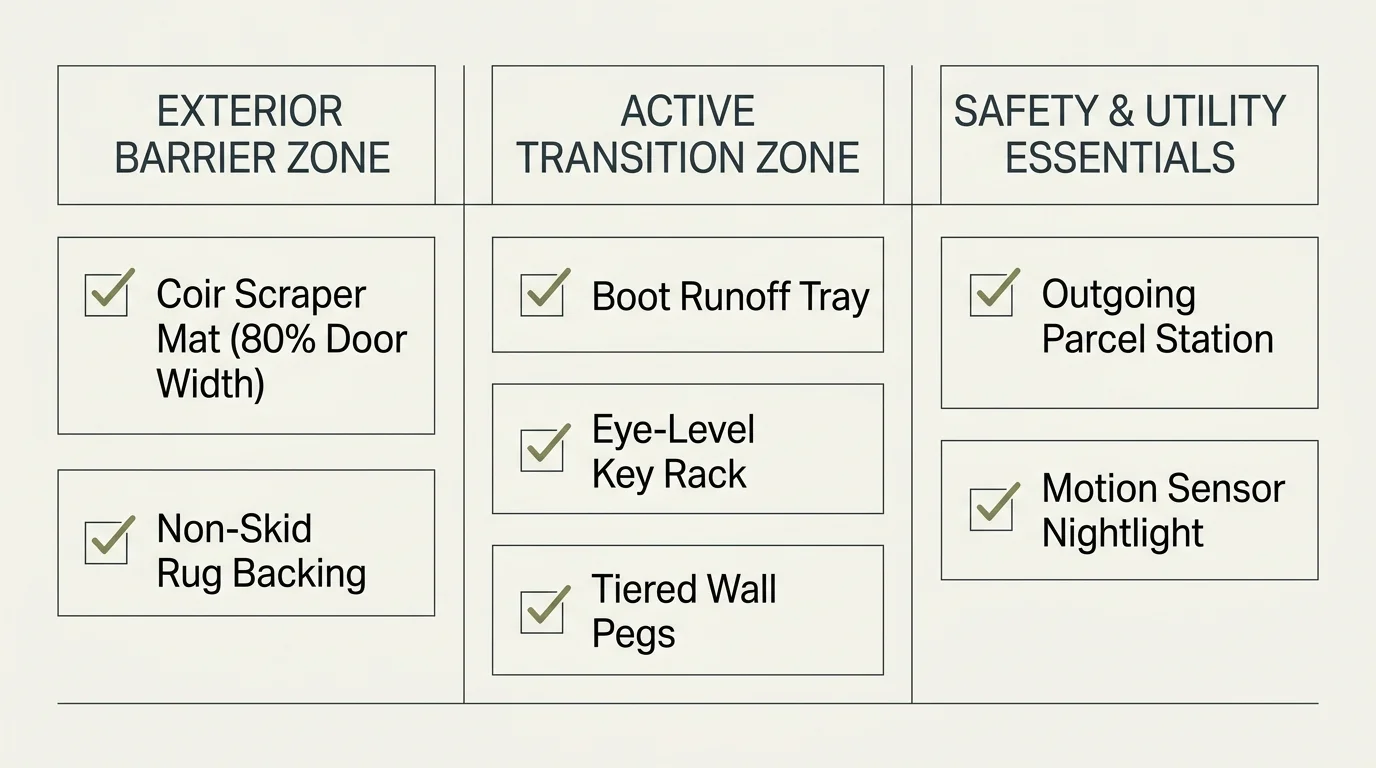 Diagram outlining an entryway checklist divided into exterior barrier, active transition, and safety utility zones.