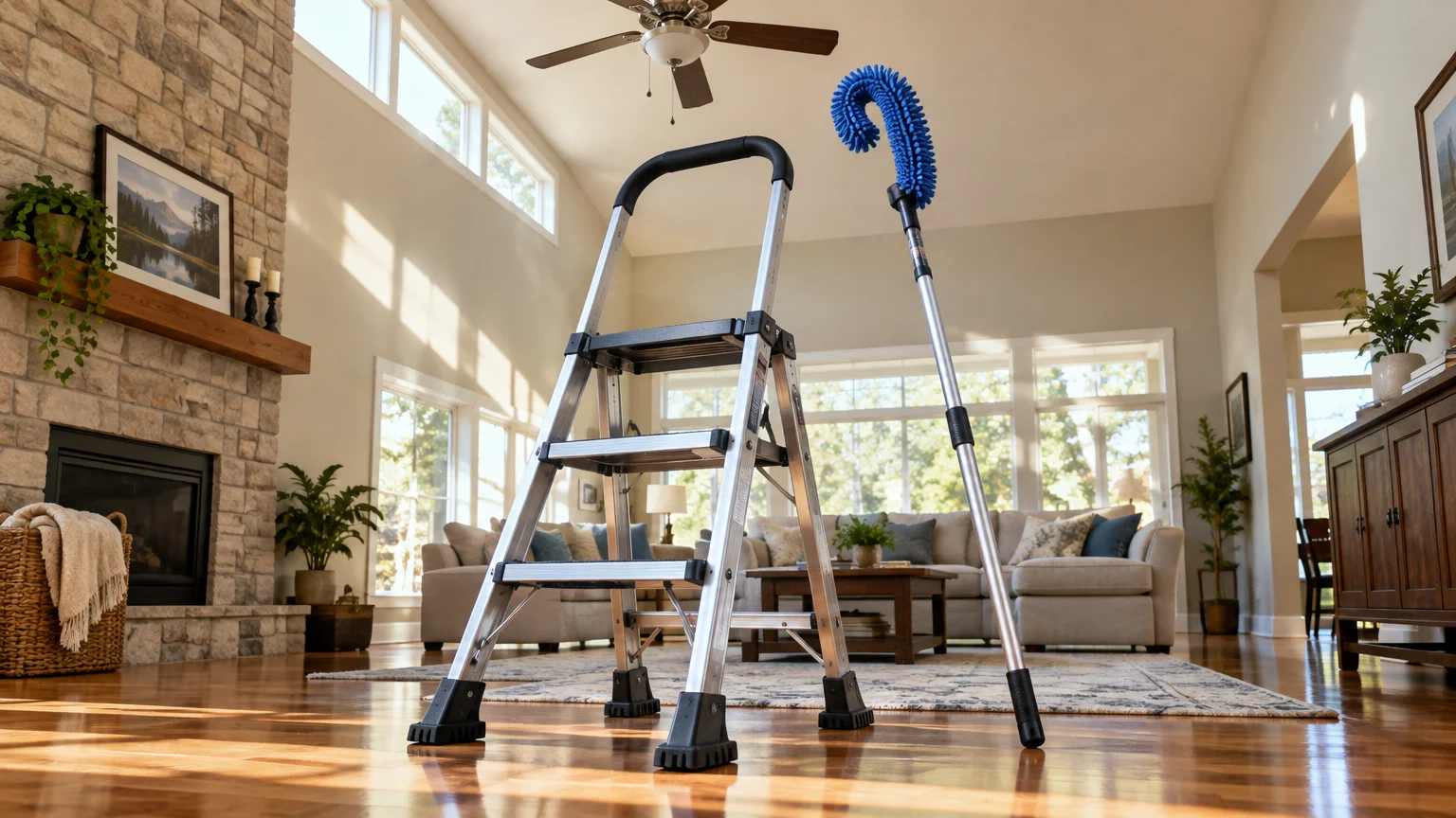 A metal step stool with a handrail stands beside an extendable blue microfiber duster in a sunlit living room.
