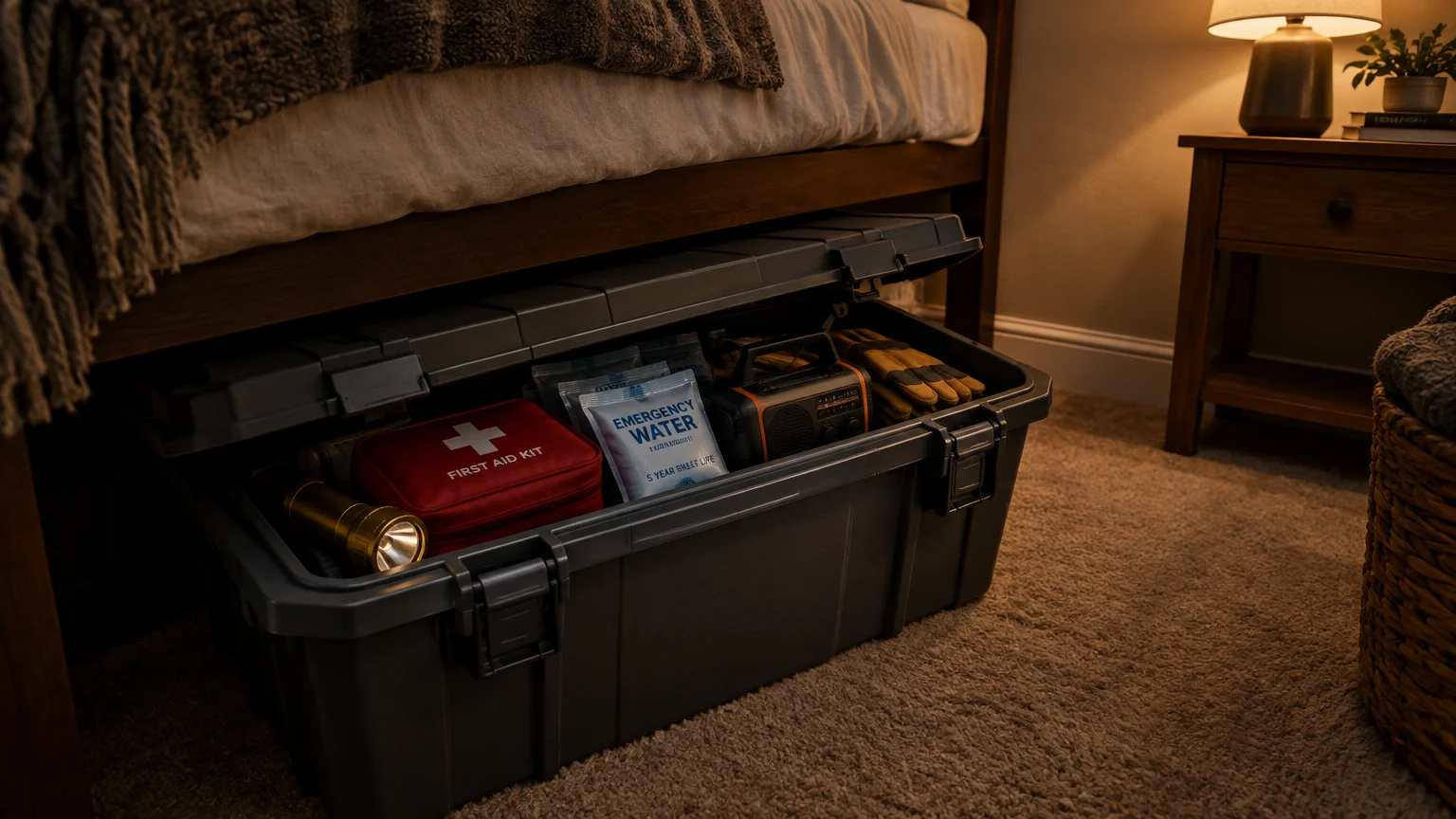 Open gray plastic storage box under a wooden bed frame, filled with a first aid kit, flashlight, radio, and emergency water.