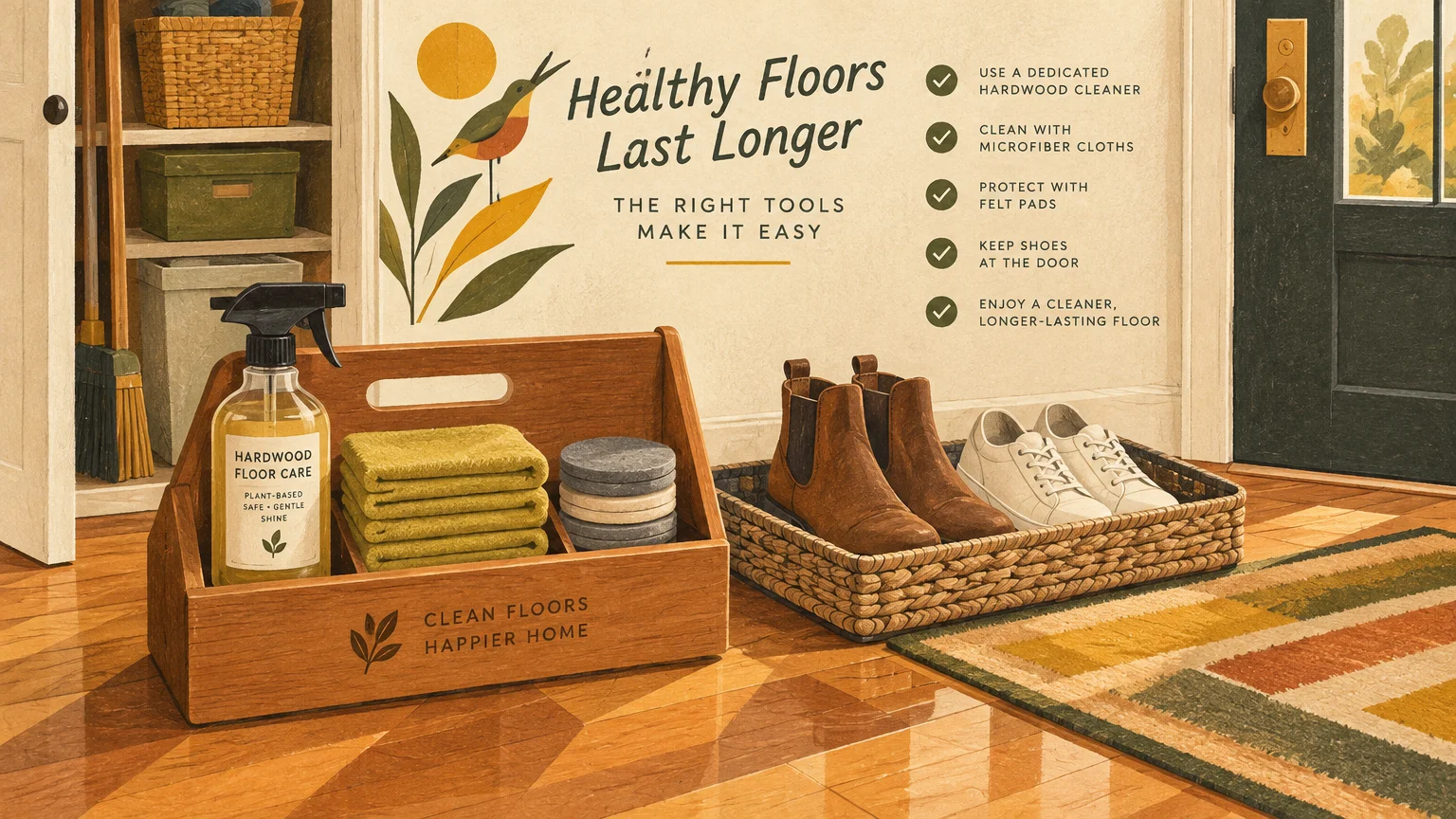 Wooden cleaning caddy with spray and cloths next to a woven shoe tray on hardwood floors by an entryway.