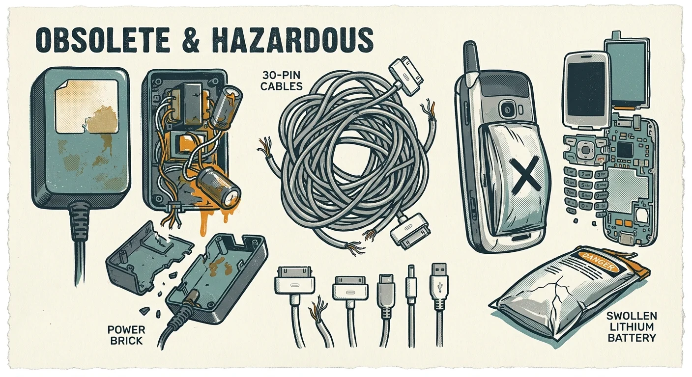 Illustration of broken power bricks, tangled charging cables, a disassembled flip phone, and swollen lithium batteries.