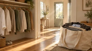A canvas tote bag filled with folded business clothes sits on the floor near a closet rack with casual shirts.