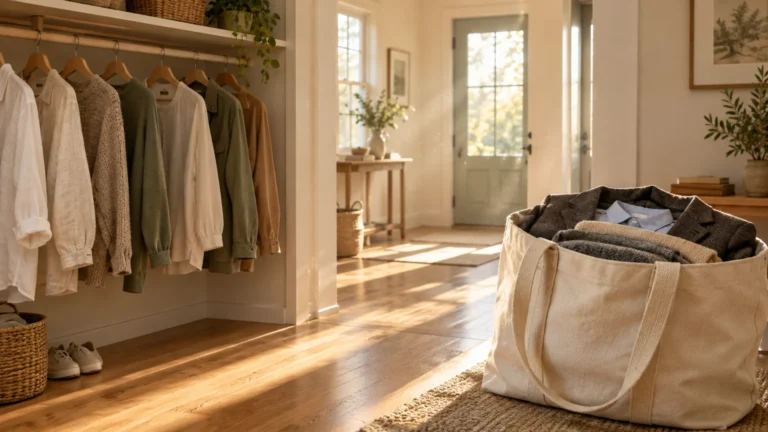 A canvas tote bag filled with folded business clothes sits on the floor near a closet rack with casual shirts.