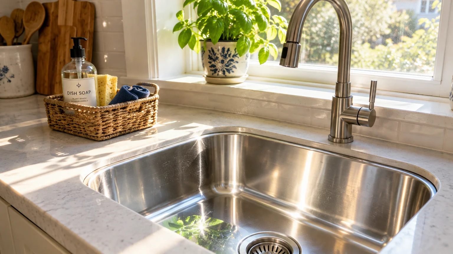 Stainless steel undermount sink with a gooseneck faucet, marble counter, and woven basket holding dish soap by a sunny window.