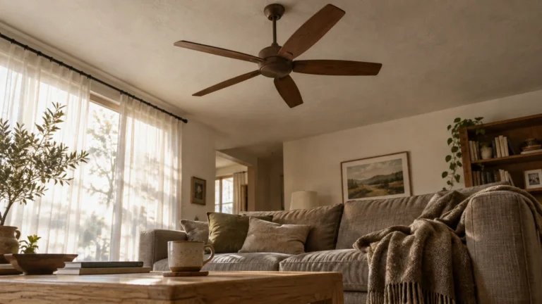 Modern wooden ceiling fan spinning above a living room sofa, coffee table, and large sheer-curtained window.