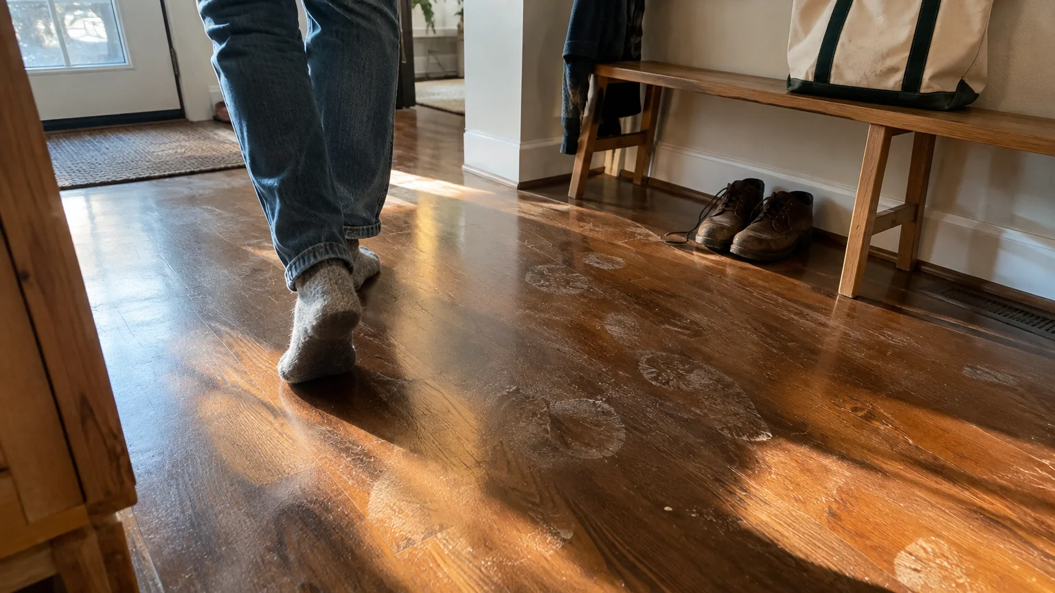 Person in socks walks across a polished wood floor marked with dull, hazy footprints in an entryway.