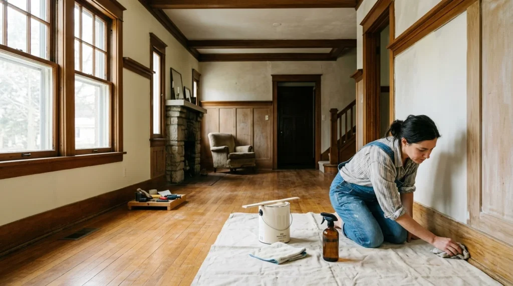 Woman kneeling on a canvas drop cloth wiping wooden baseboards in an empty craftsman home with hardwood floors.