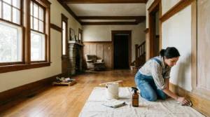 Woman kneeling on a canvas drop cloth wiping wooden baseboards in an empty craftsman home with hardwood floors.