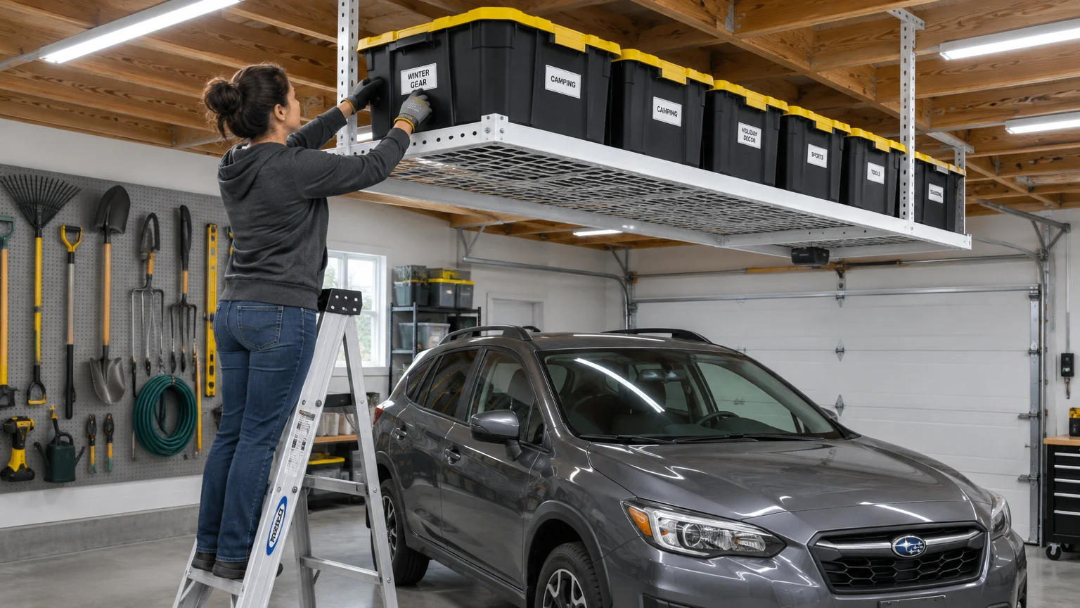 A woman on a stepladder organizes plastic storage bins on an overhead ceiling rack mounted above a gray car in a garage.
