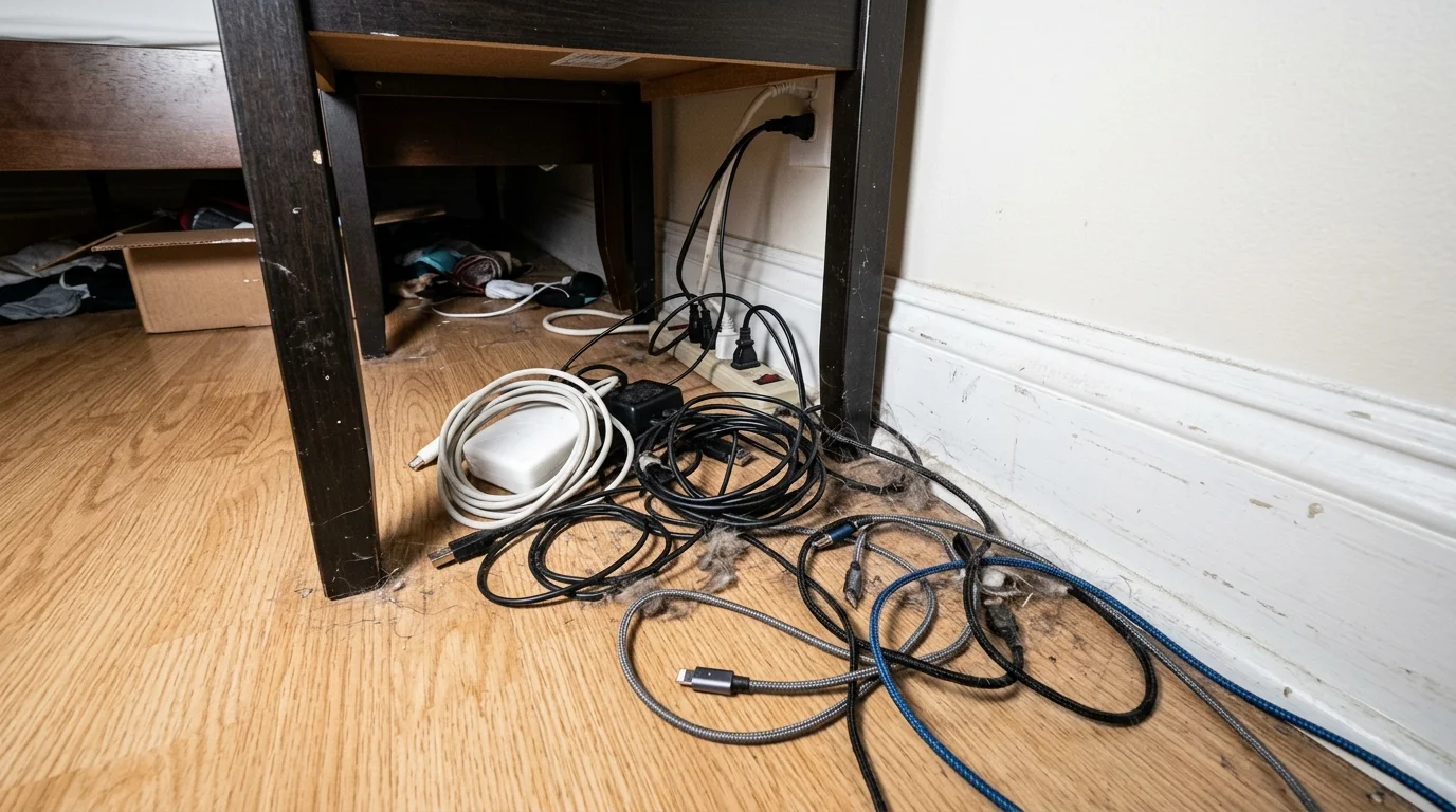 A tangled mess of charging cables, power strips, and dust clumps sits on a wooden floor beside a nightstand.