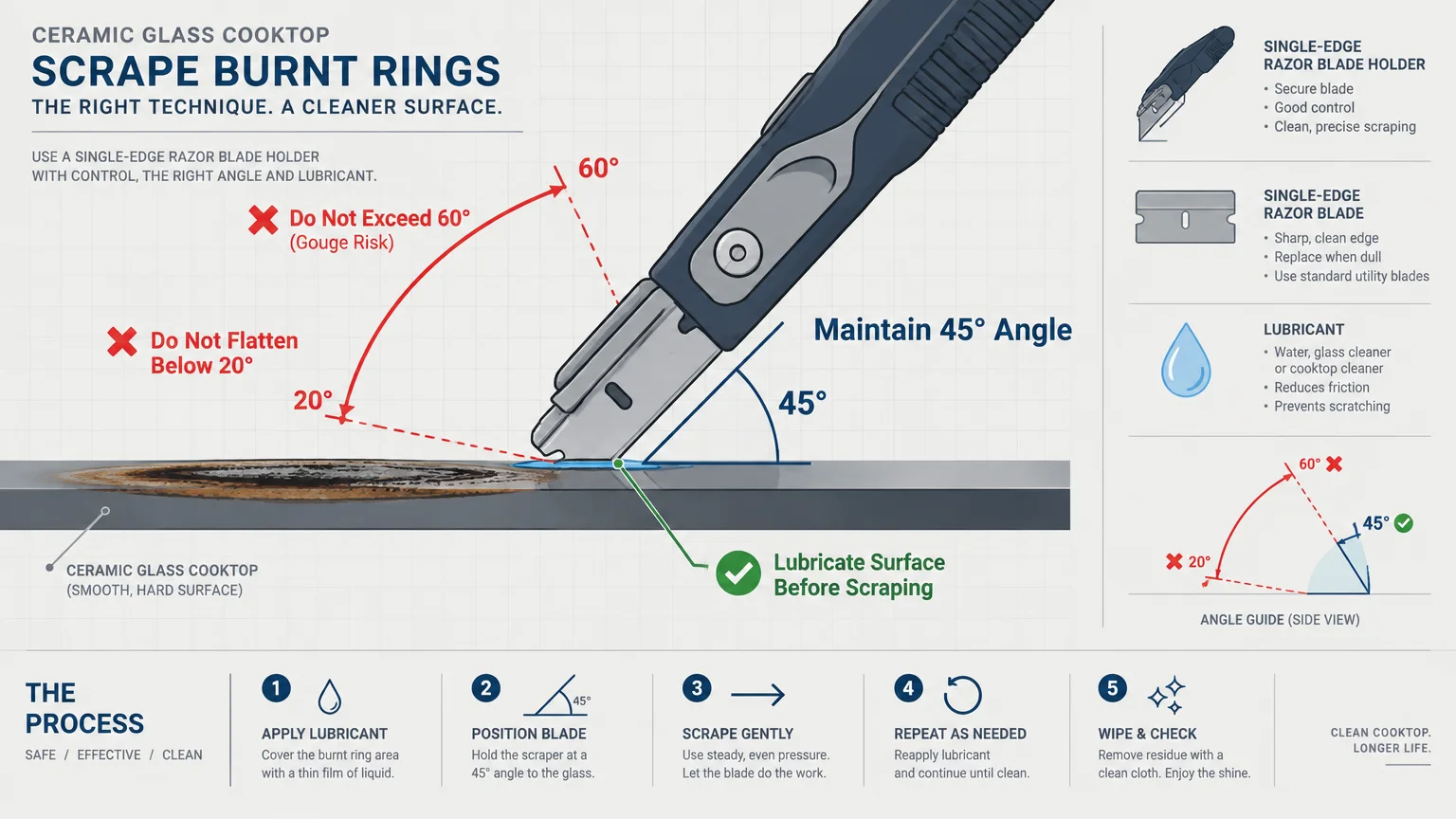 Diagram demonstrating the proper 45-degree angle for using a razor blade scraper to clean a ceramic glass cooktop.