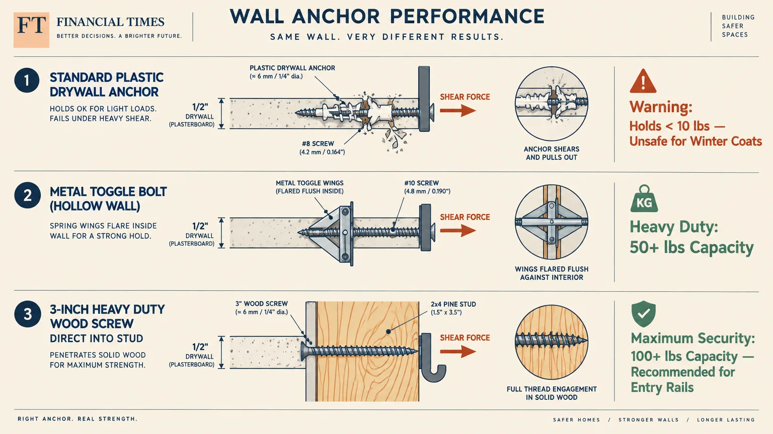 Diagram comparing shear force and load capacity across plastic drywall anchors, metal toggle bolts, and wood screws into studs.