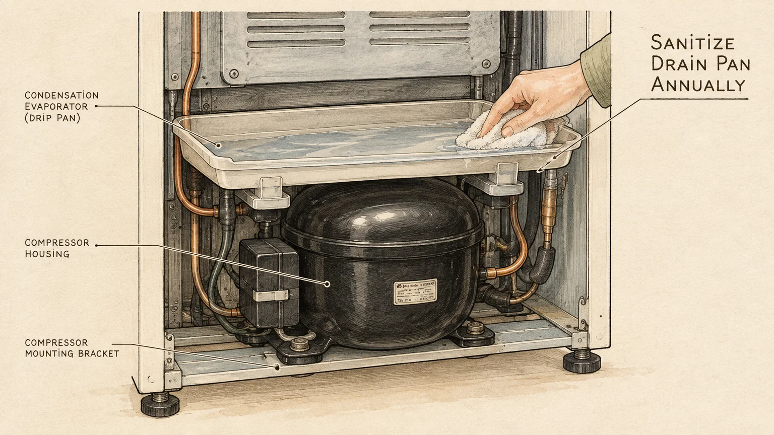 Illustration of a refrigerator base with labels pointing to a hand wiping the condensation drip pan above the compressor.