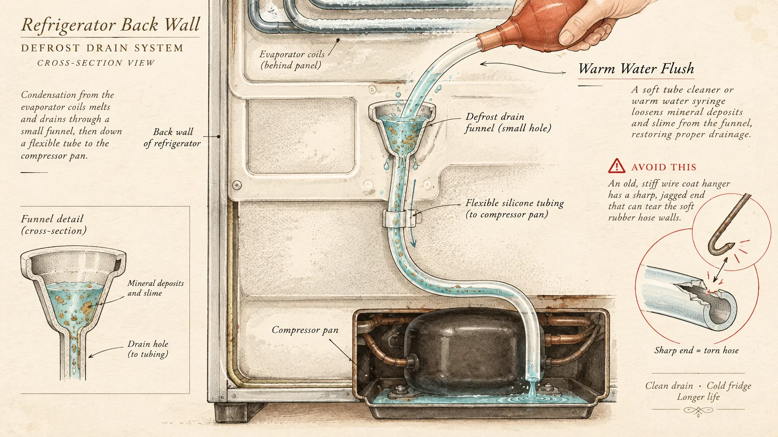 Diagram of a refrigerator defrost drain system showing a syringe flushing water into a tube and a wire tearing a hose.