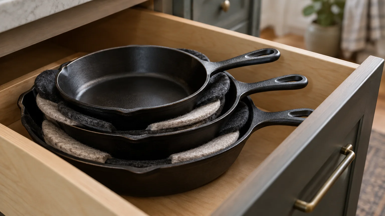 Three cast iron skillets nested inside an open wooden kitchen drawer with felt protectors layered between them.