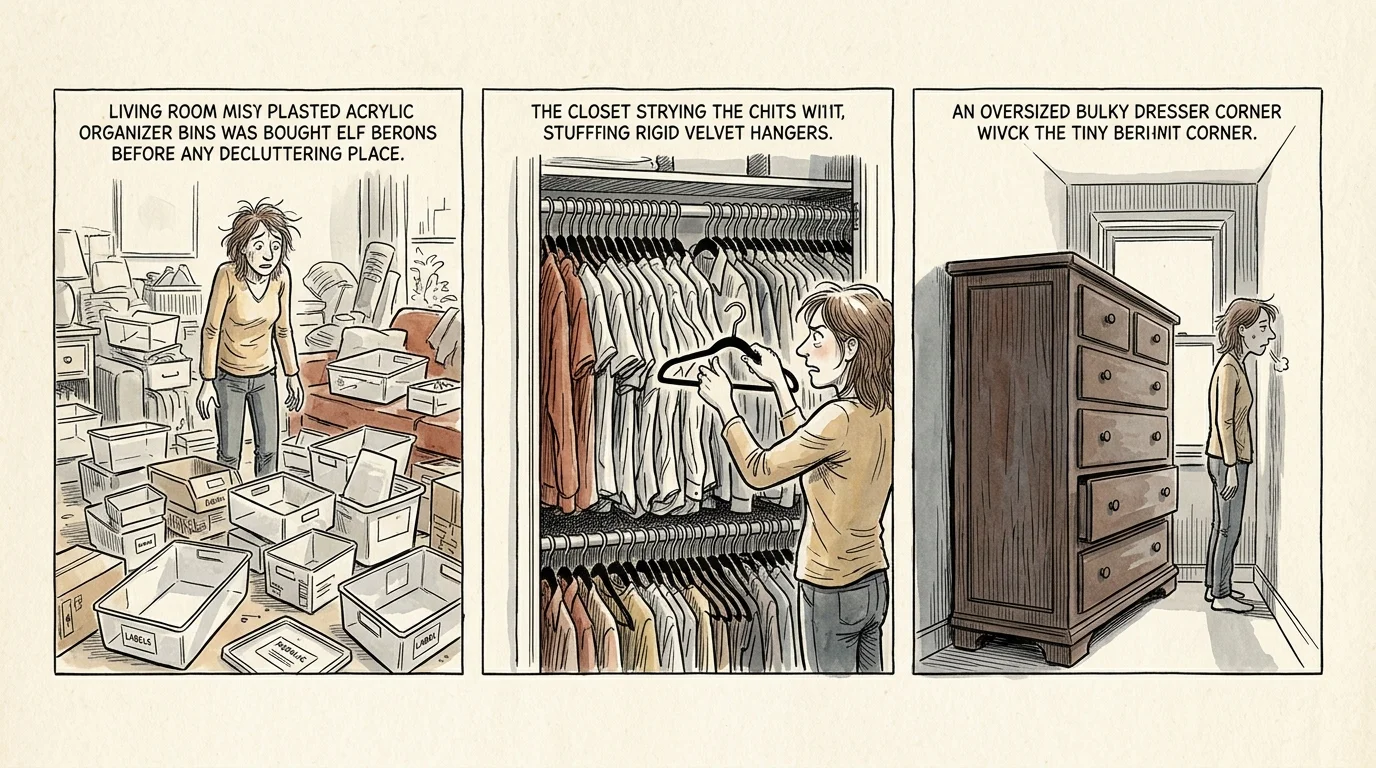 Three-panel comic of a stressed woman overwhelmed by empty plastic bins, a packed closet, and a bulky dresser.