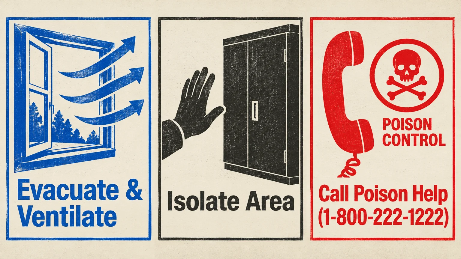 Three screenprint panels with text: Evacuate & Ventilate with open window, Isolate Area, and Call Poison Help with telephone.