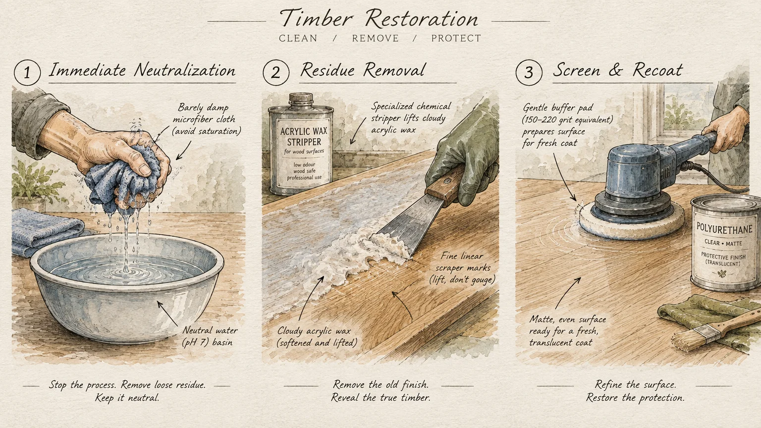 Three-step illustration showing wringing a cloth into a basin, scraping stripped wax, and buffing wood with an electric polisher.
