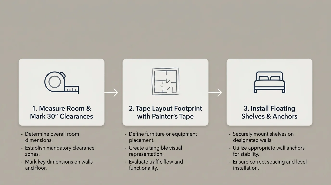 Three-step diagram showing steps to measure clearances, tape layout footprints, and install floating shelves.