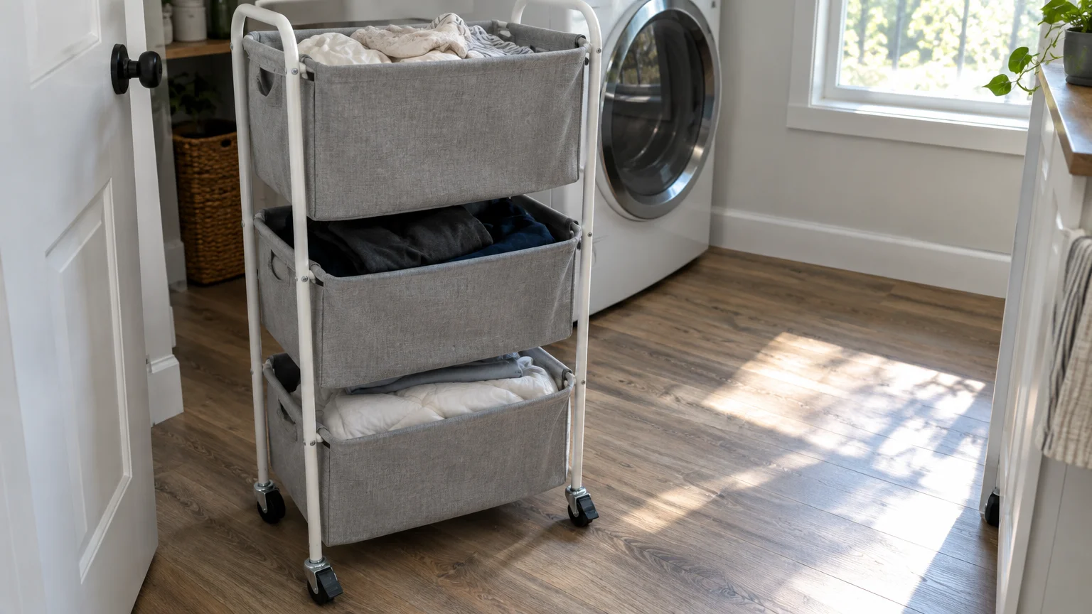 A white rolling cart with three stacked gray fabric laundry bins filled with clothes in a sunlit laundry room.