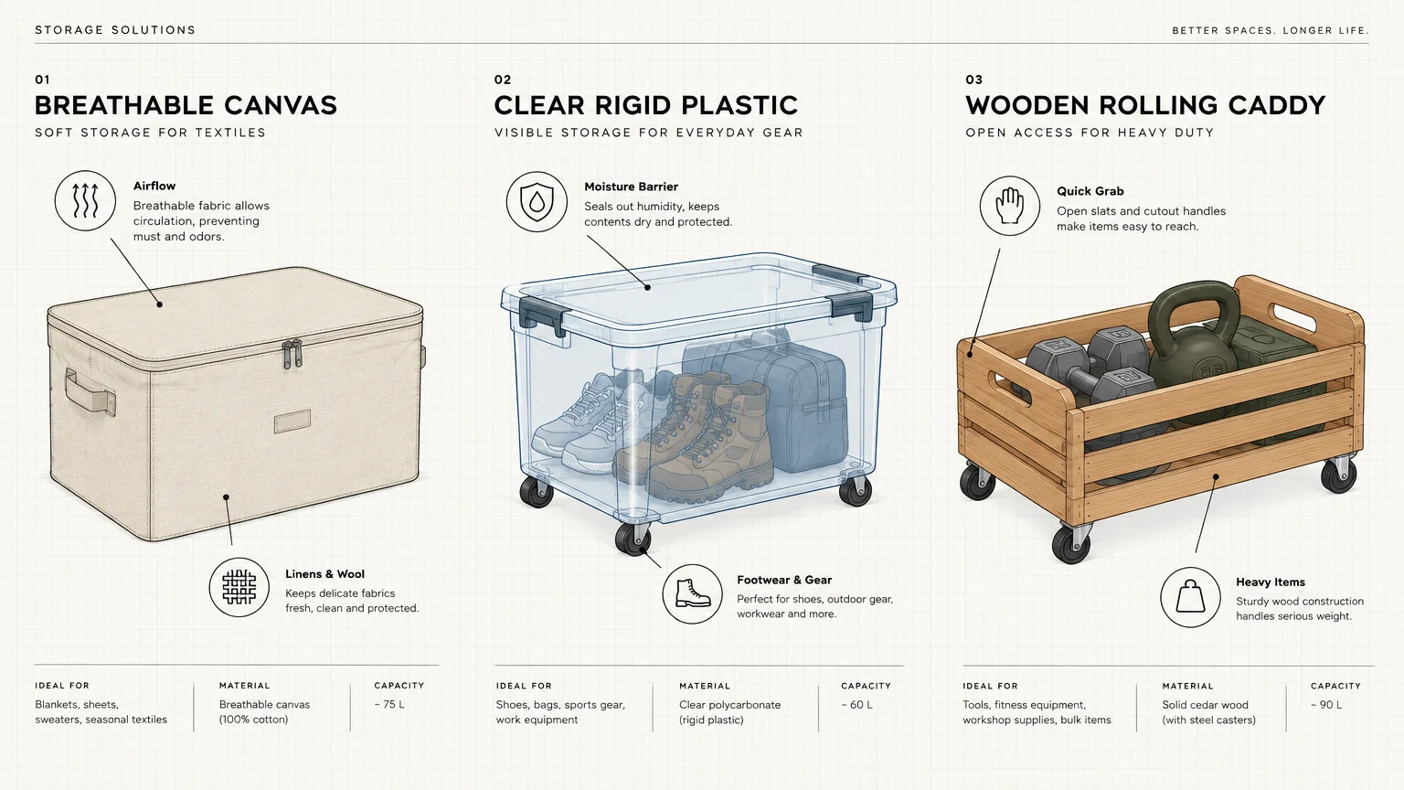 Storage comparison chart showing a canvas bin, a clear plastic rolling container, and a wooden rolling caddy with weights.