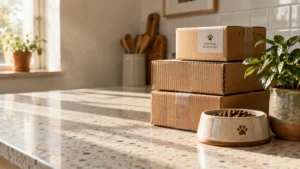 Stack of cardboard delivery boxes beside a ceramic bowl of pet kibble and a potted plant on a terrazzo countertop.
