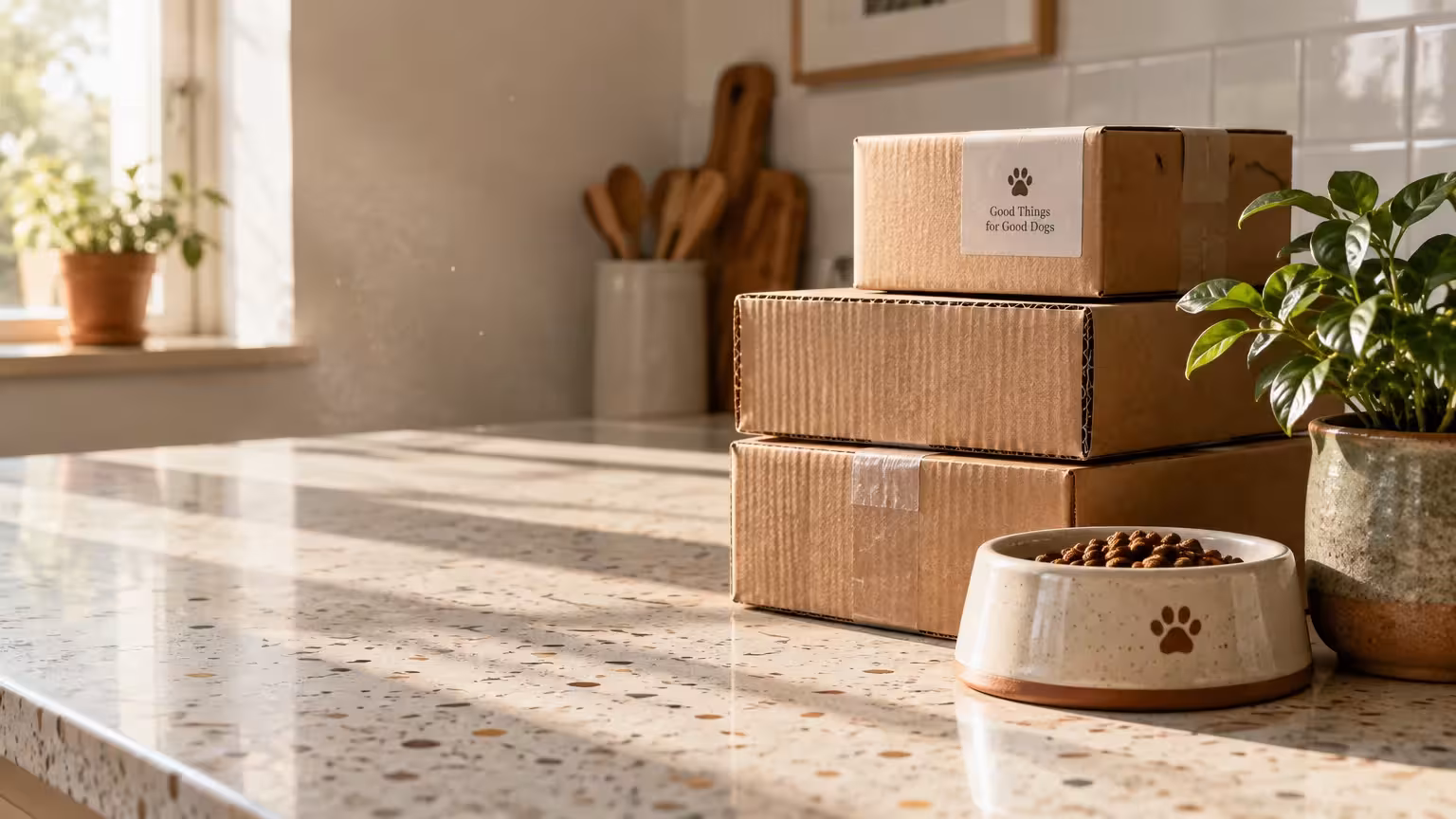 Stack of cardboard delivery boxes beside a ceramic bowl of pet kibble and a potted plant on a terrazzo countertop.