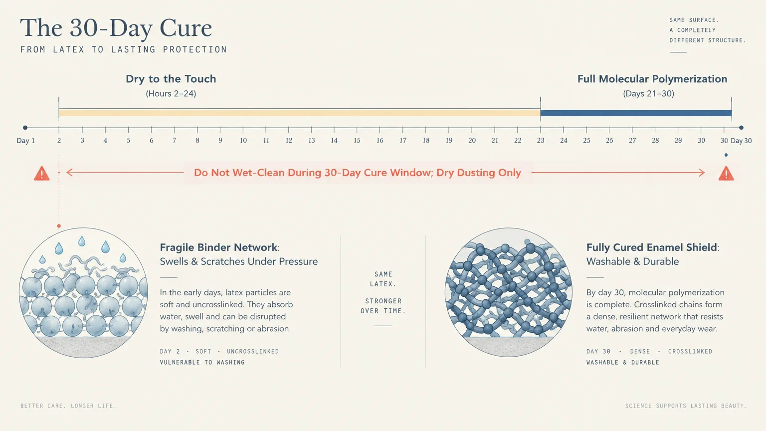 Diagram of a 30-day paint cure timeline comparing an uncrosslinked fragile binder network to a fully cured enamel shield.