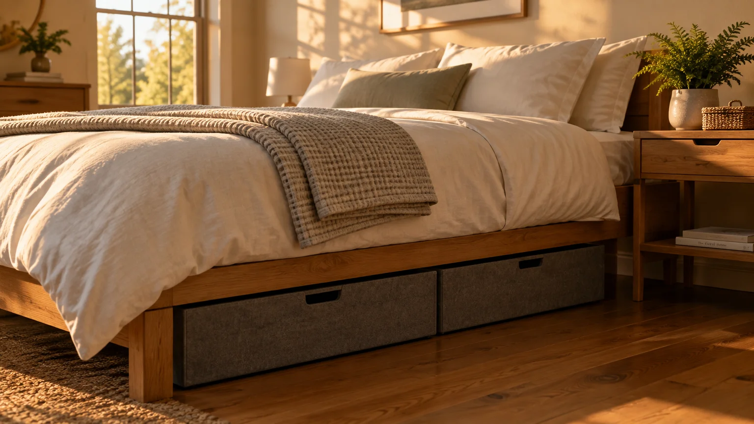 Wooden bed frame with two gray felt storage drawers tucked neatly underneath in a sunlit bedroom.