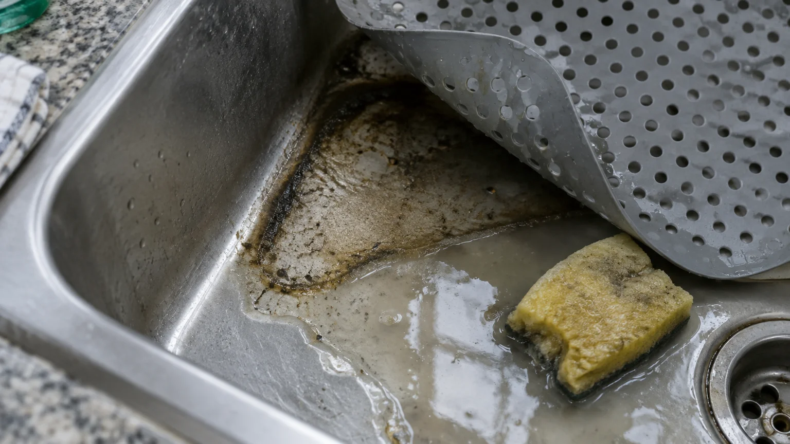 A lifted gray silicone mat reveals dark, grimy buildup and dirty water next to a worn sponge in a stainless steel sink.