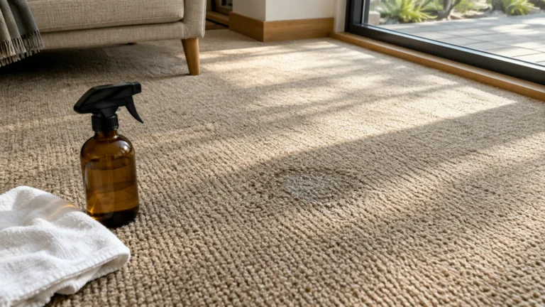 Amber glass spray bottle, white towel, and a damp spot on a textured beige living room carpet.