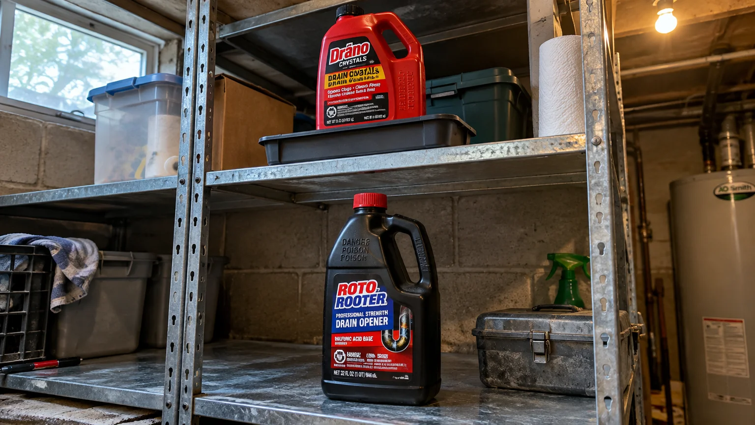 Bottles of Drano Crystals and Roto-Rooter drain opener stored on metal utility shelves in a basement.