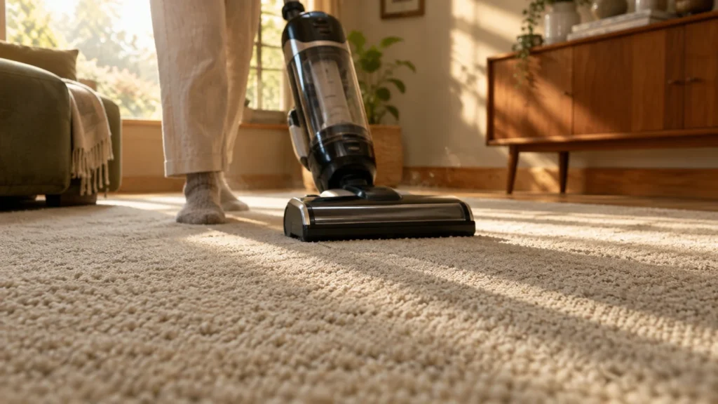 Low-angle view of an upright vacuum cleaner being used on a thick, beige textured carpet in a sunlit living room.