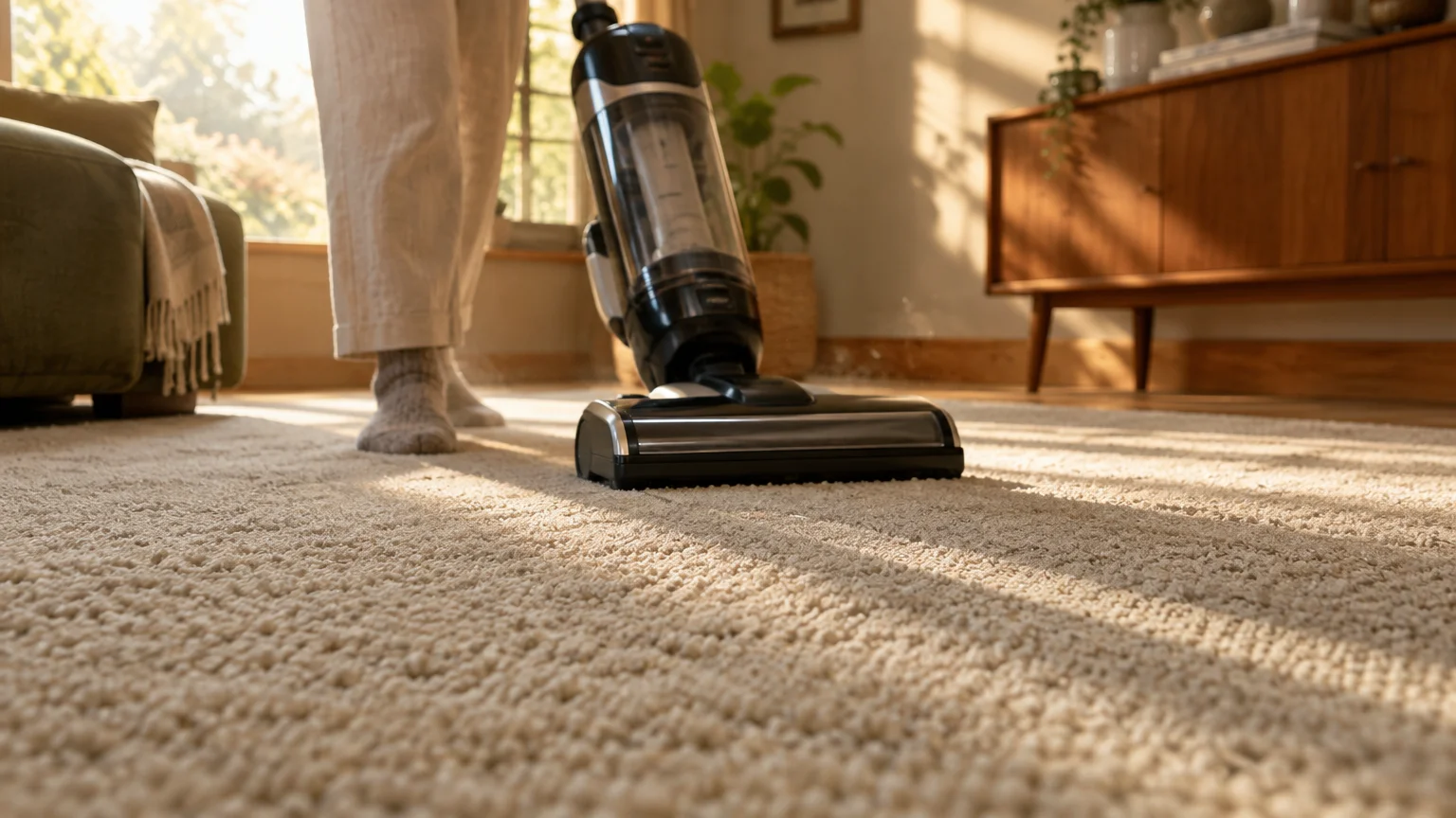 Low-angle view of an upright vacuum cleaner being used on a thick, beige textured carpet in a sunlit living room.