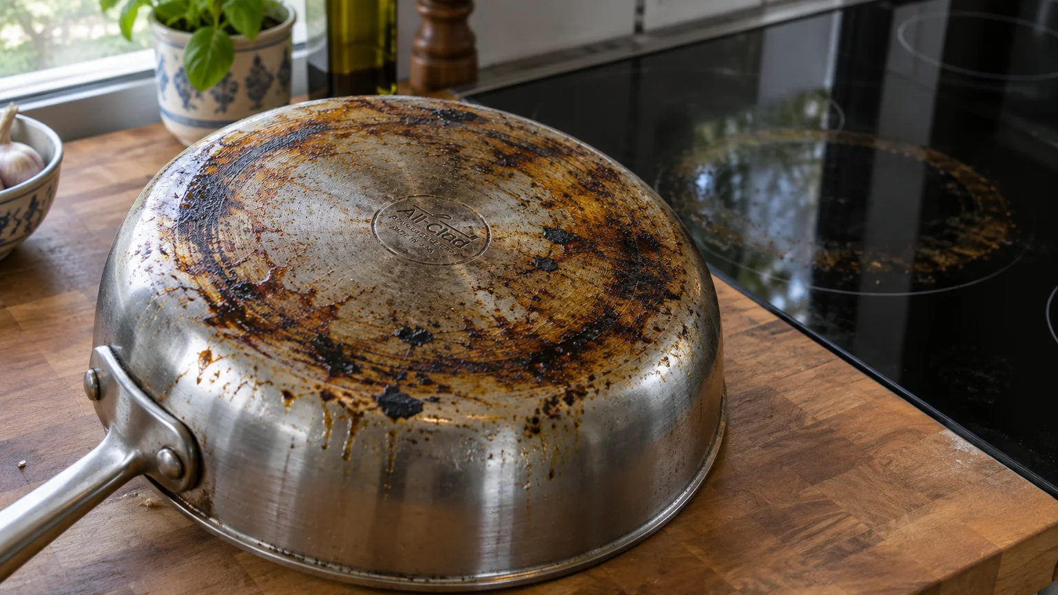 Burnt, greasy bottom of a stainless steel skillet resting on a butcher block counter next to a stained glass stovetop.