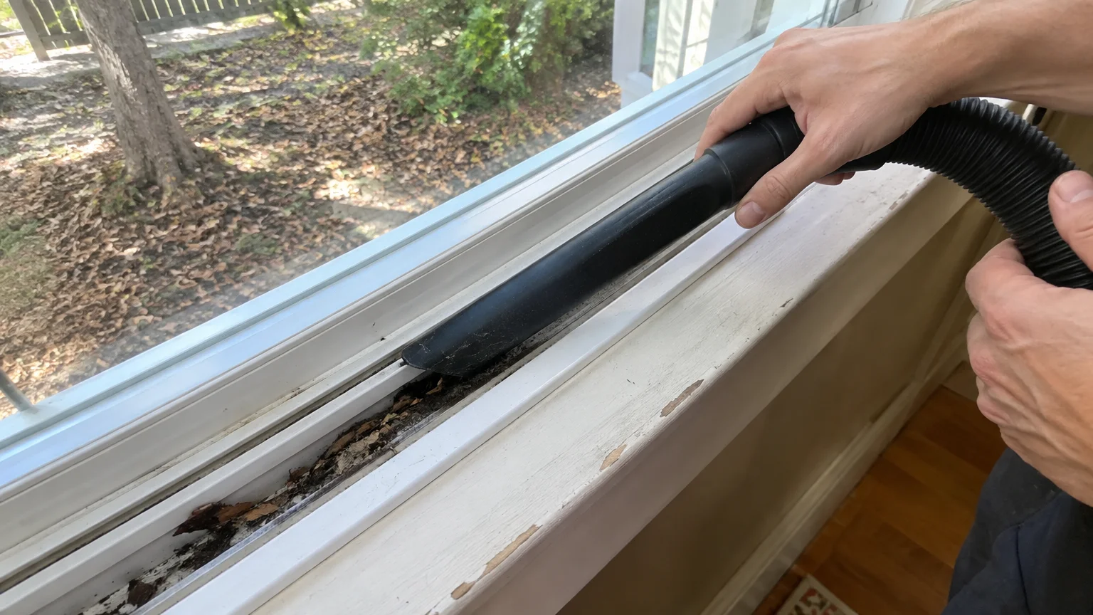 A person uses a black vacuum crevice attachment to clean dirt and leaves out of a white window sill track.