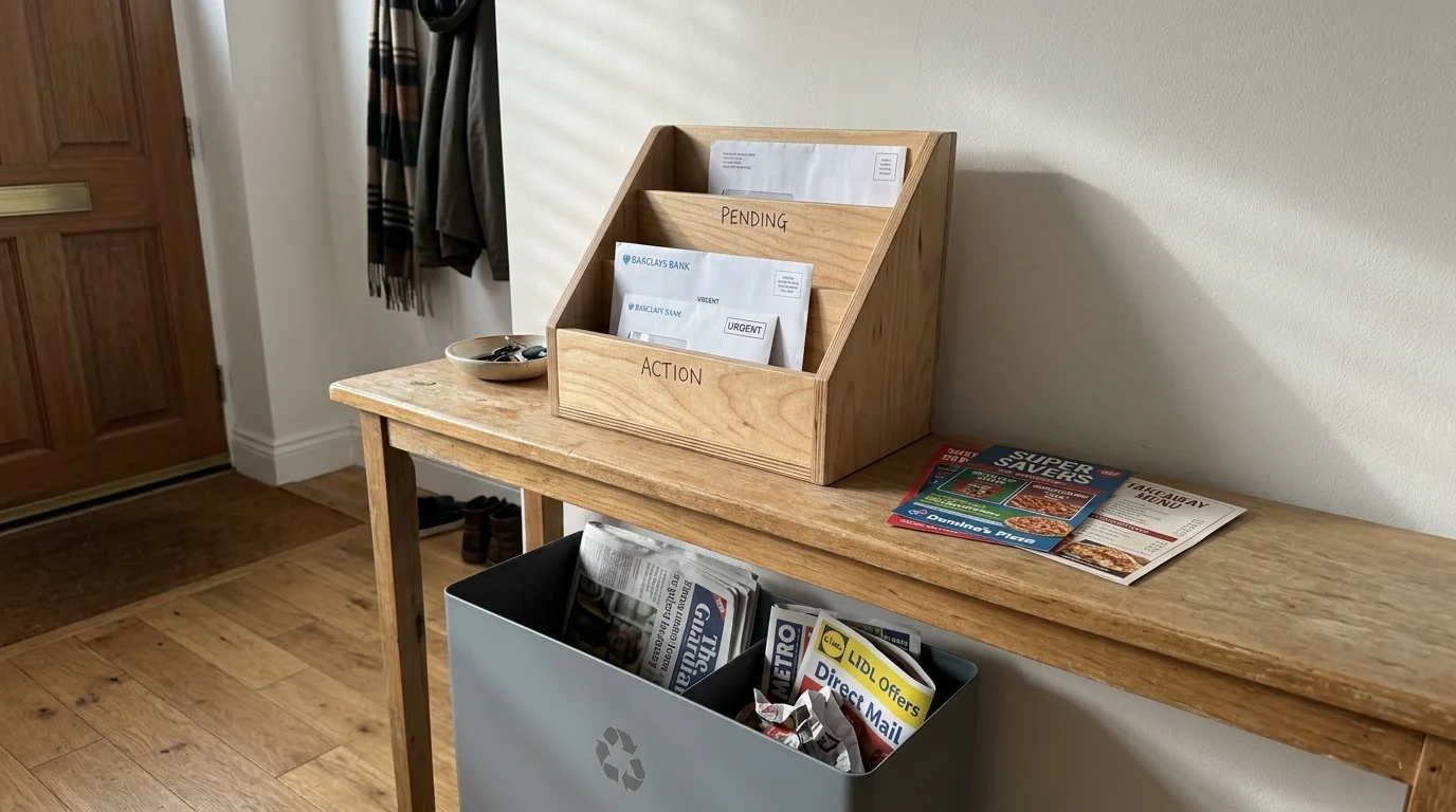 A wooden mail organizer sits on an entryway console table above a recycling bin filled with paper and circulars.