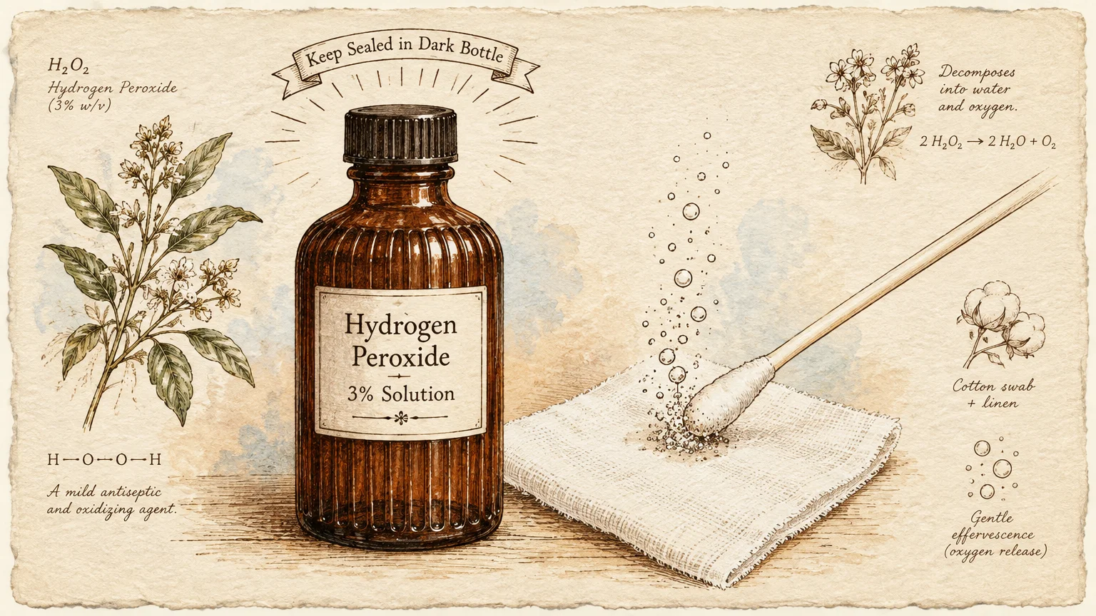 Botanical-style illustration of a brown hydrogen peroxide bottle and a cotton swab treating a bubbling spot on cloth.