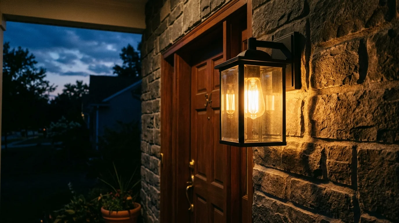 Illuminated warm-toned glass lantern sconce mounted on a stone wall beside a wooden front door at twilight.