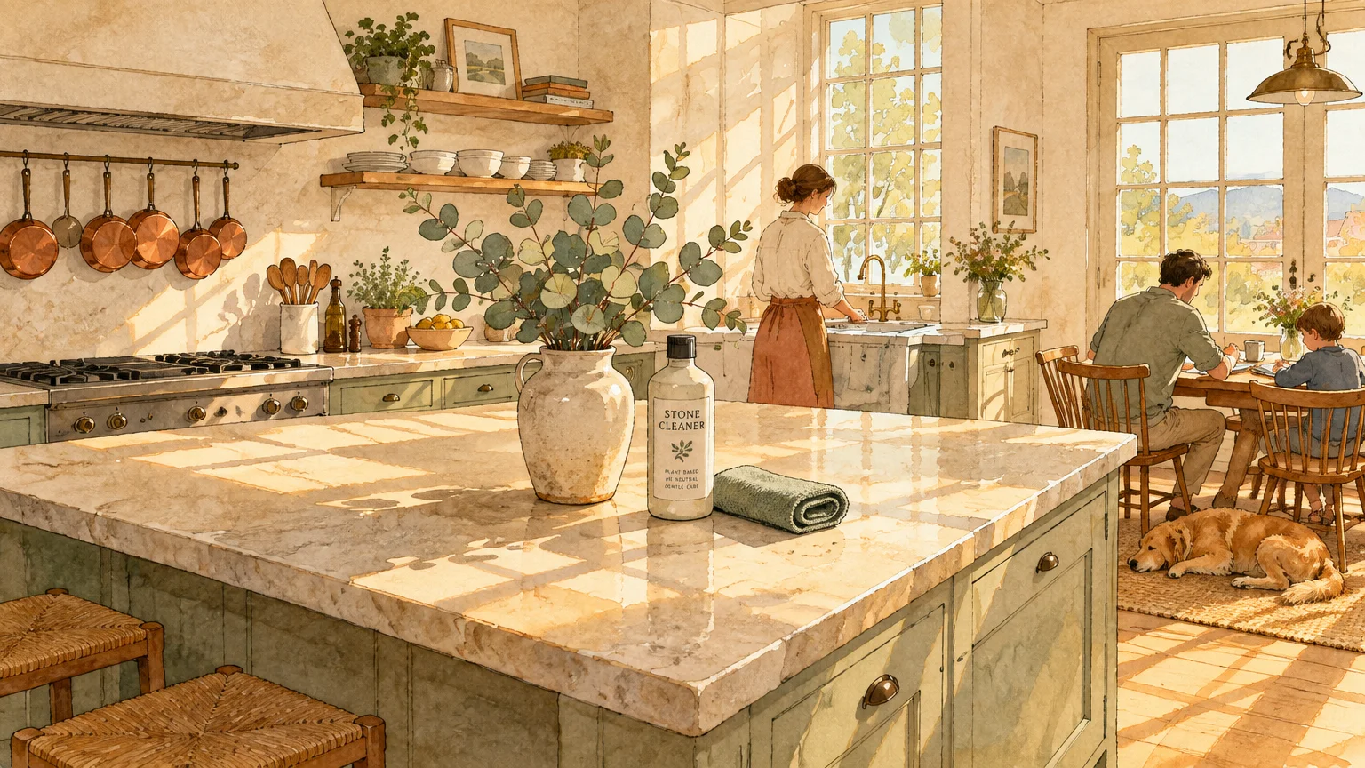 Sunlit kitchen illustration featuring a large marble island with a stone cleaner bottle, vase, and family in the background.