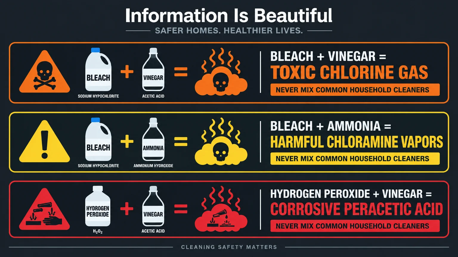 Diagram showing dangerous chemical combinations of bleach with vinegar, bleach with ammonia, and peroxide with vinegar.