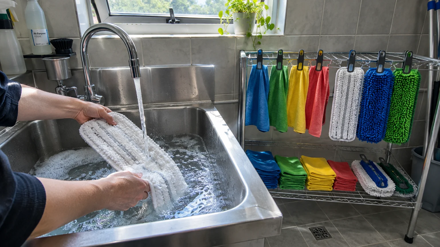 Hands rinsing a white microfiber mop pad in a stainless steel sink beside a rack of drying colorful cleaning cloths.