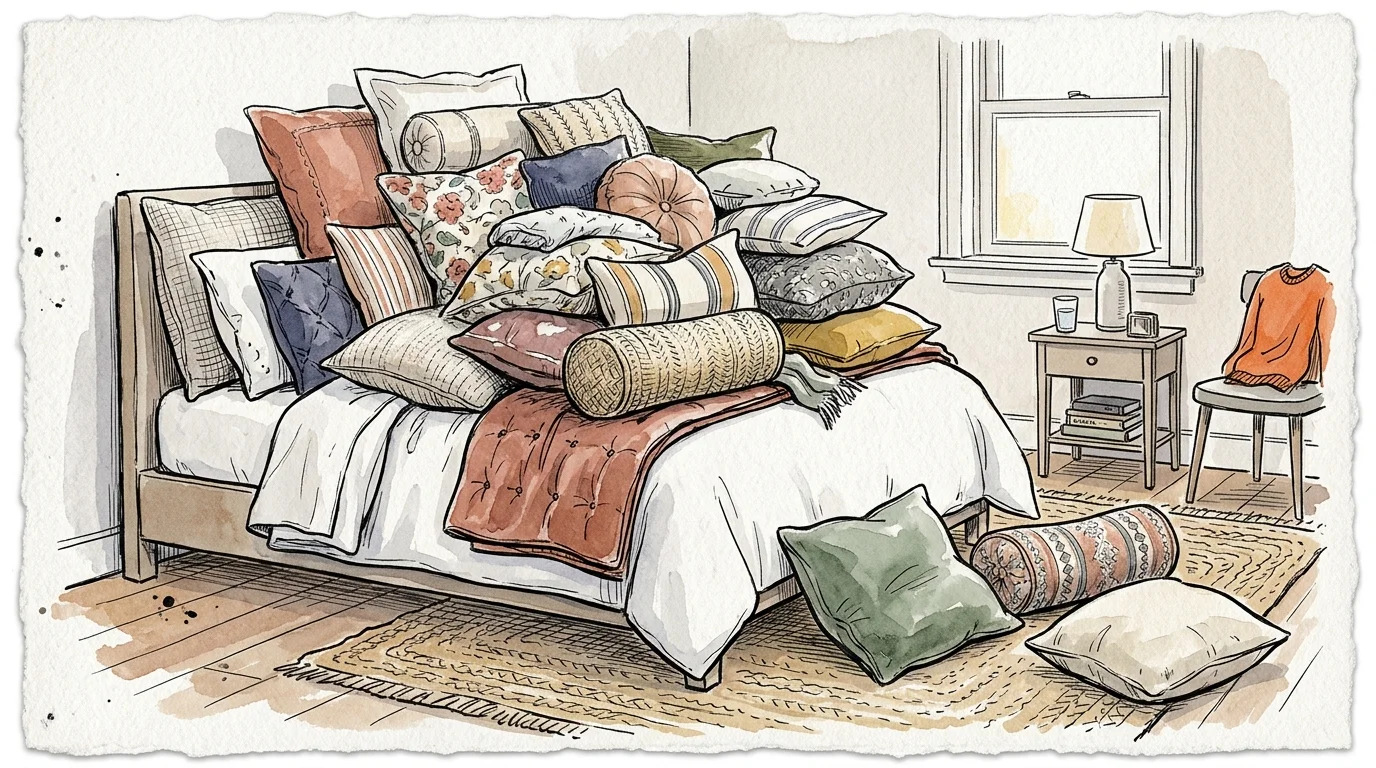 Watercolor illustration of a bed piled high with dozens of decorative pillows, with several falling onto the rug below.