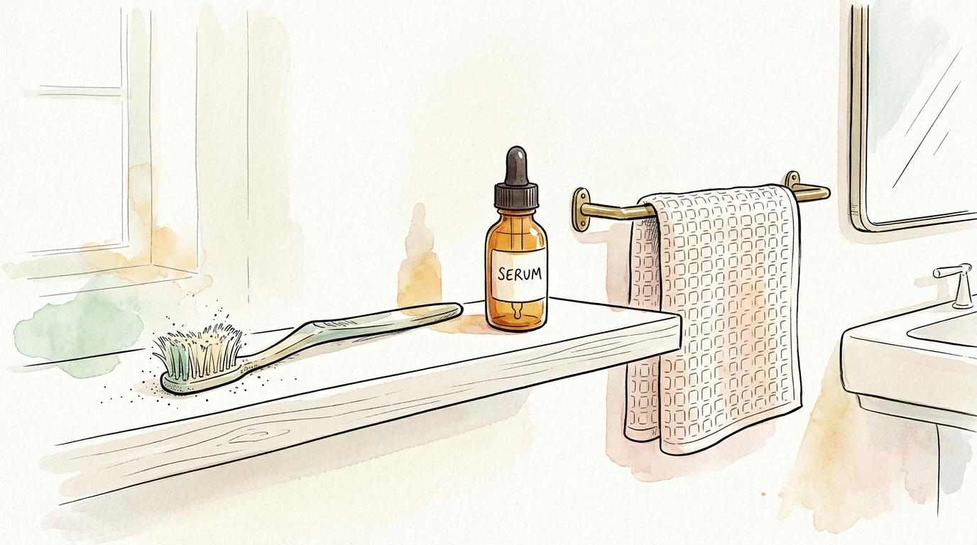 Watercolor illustration of a worn toothbrush and serum bottle on a shelf beside a hanging hand towel and sink.