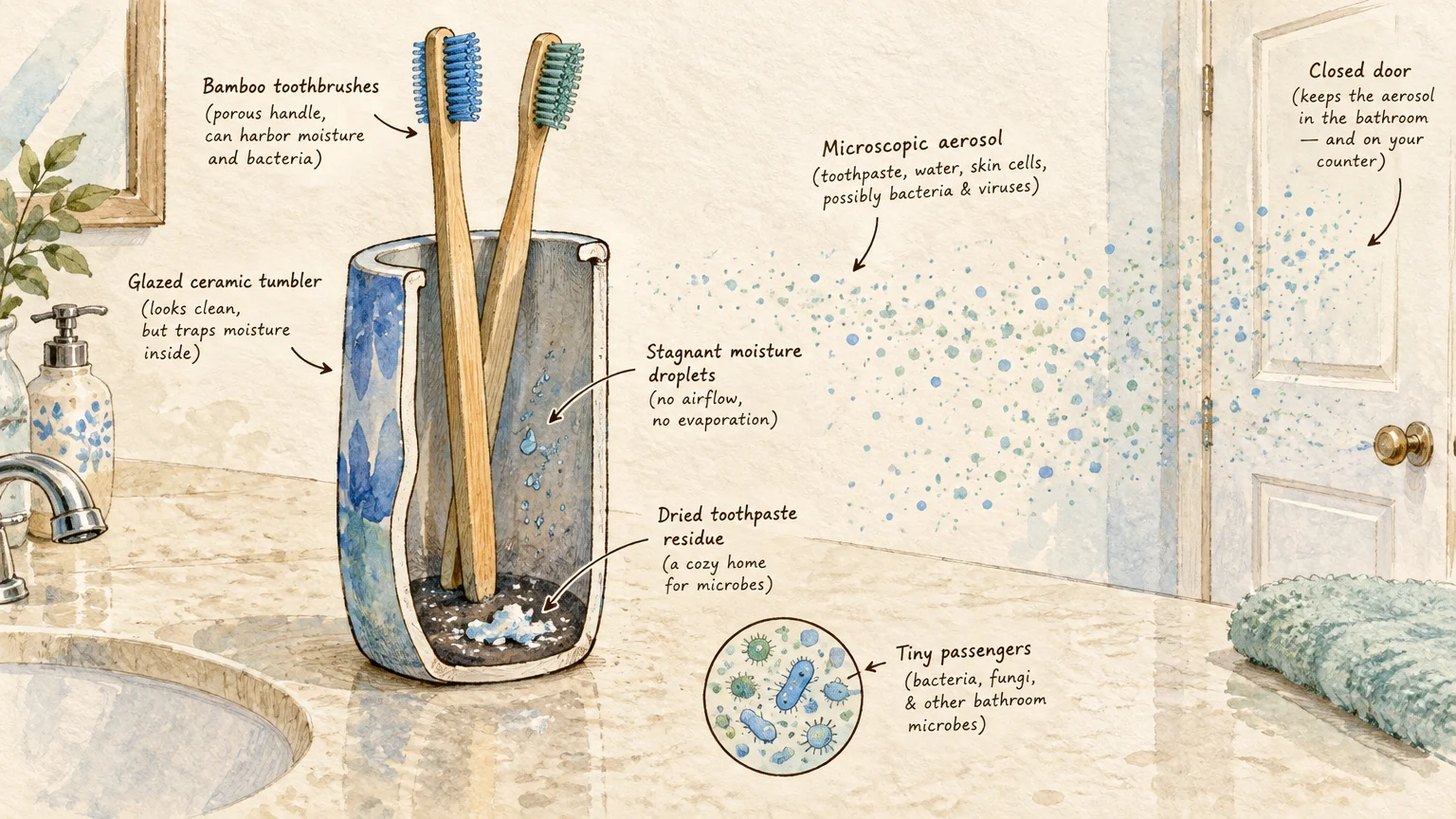 Diagram of a toothbrush holder cross-section with moisture and bacteria, alongside airborne bathroom aerosol particles.