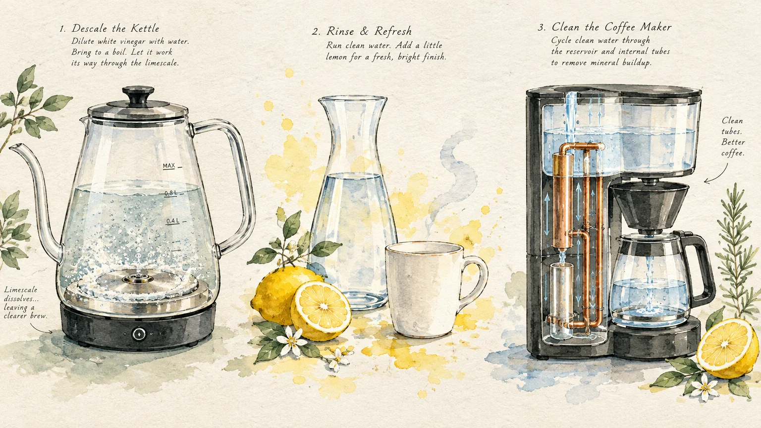 Watercolor illustration showing steps to descale an electric kettle and coffee maker using water, vinegar, and lemons.